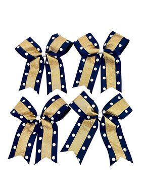 Cheer Hair Bows 7" Polka Dot Navy Blue & Gold Set Of 4 Ponytail Elastic